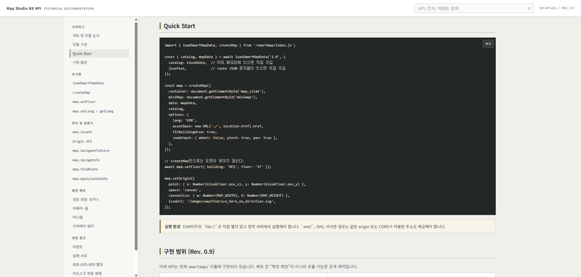 직접 작성한 SmartMap API 명세서 · Quick Start에서 데이터 로드, 지도 생성, 층 설정과 현재 위치 지정 순서를 안내